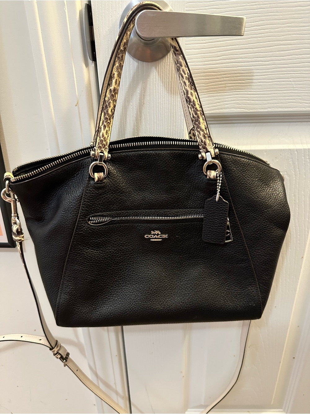 Coach Black Pebbled Leather Shoulder Bag with Python Print Straps